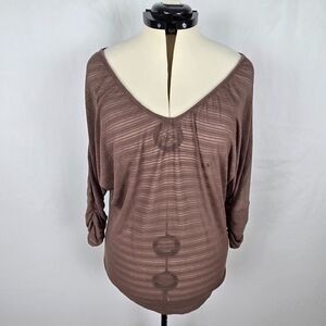 Maurices Blouse Women's Large Brown Stiped Sheer Long Sleeve V-Neck Ruffles NWT